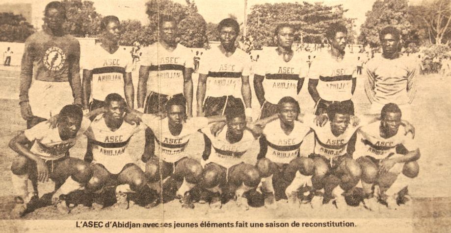 A yellowed photo of a soccer team wearing ASEC Abidjan jerseys